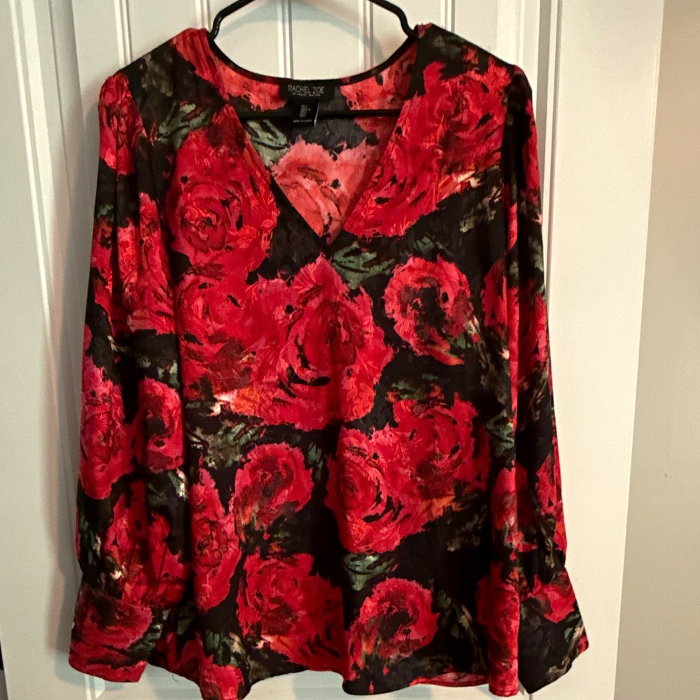 Rachel Zoe Women's L Black Red Rose Floral V-Neck Long Sleeve Chiffon Blouse